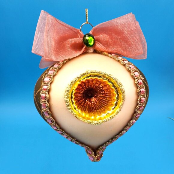 Indent Glass Teardrop Ornaments Gold Harlequin Pattern Tulle Ribbon Pink Trim 2 - Picture 6 of 10